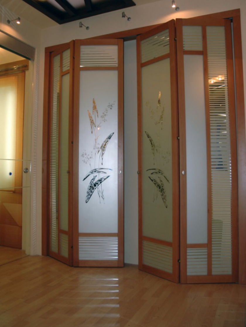 Широкие двери гармошка с матовым стеклом и рисунком Могилёв
